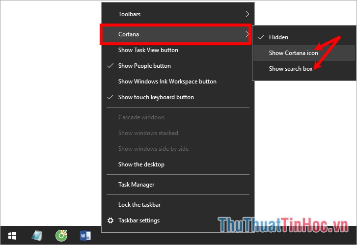 Nhấn chuột phải vào thanh taskbar - Cortana - Show cortana icon hoặc show search box