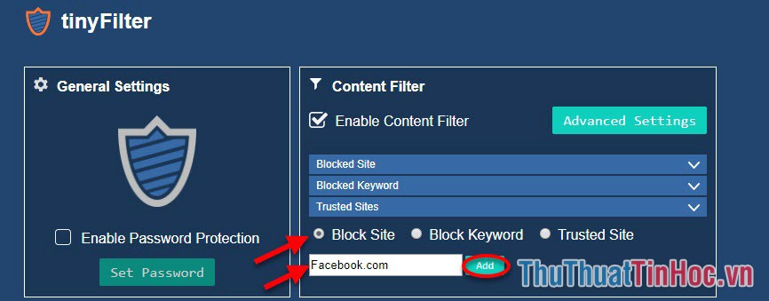 Lựa chọn Block Site để chặn trang web