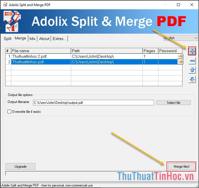 Nhấn vào dấu cộng (+) để chọn file PDF cần ghép vào phần mềm