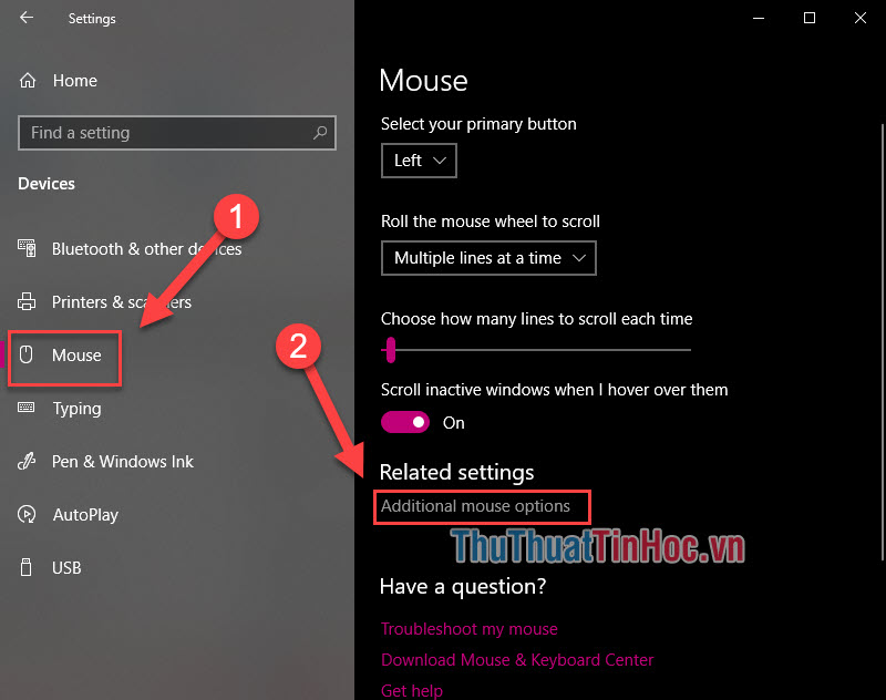 Chọn Mouse ở cột menu bên trái - Additional Mouse Options