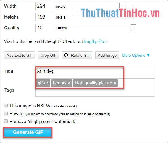 Nhập Title, Tags và tích vào các yêu cầu, rồi chọn Generate GIF