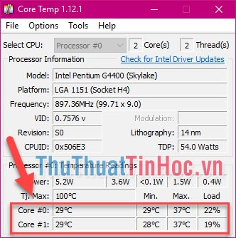 Nhiệt độ cụ thể cho từng lõi của CPU