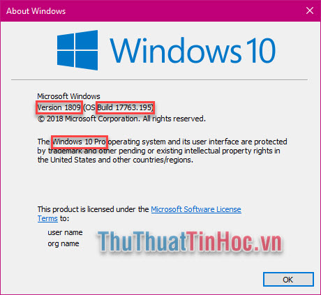 Xem thông tin trong cửa sổ About Windows