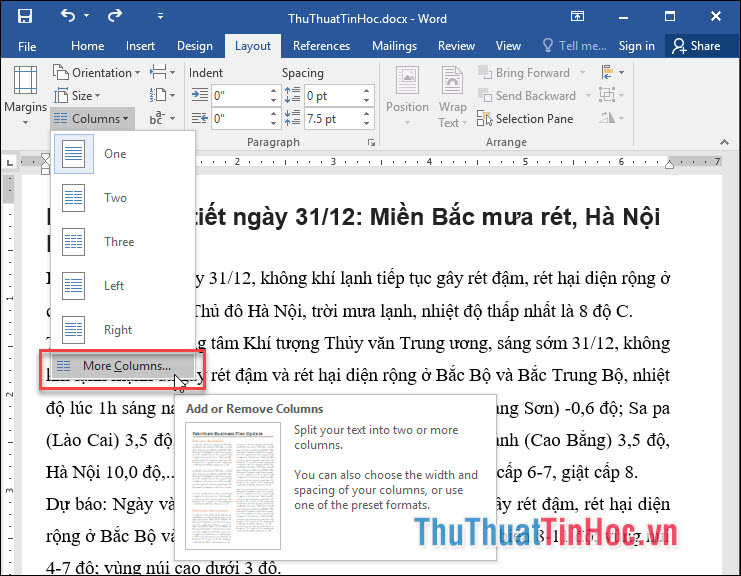 Chọn thẻ Page Layout - Columns - More Columns