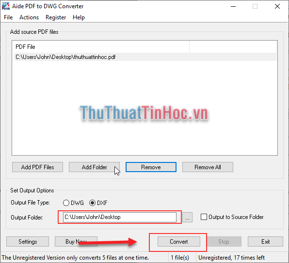 Chọn OutPut Folder (nơi chứa file CAD sau khi chuyển đổi)