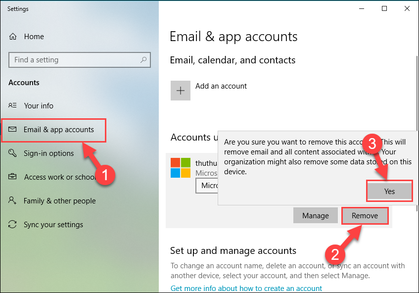 Chọn tab Email & app Accounts → Chọn đến tài khoản Microsoft của mình và chọn Remove → Chọn Yes