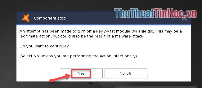 Lựa chọn khoảng thời gian muốn tắt Avast tạm thời - Chọn Yes