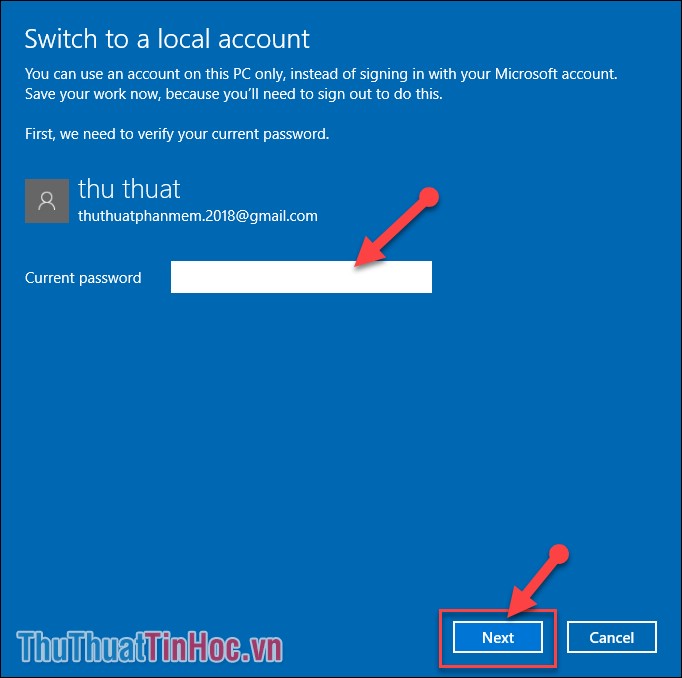 Nhập mật khẩu tài khoản Microsoft hiện tại và chọn Next