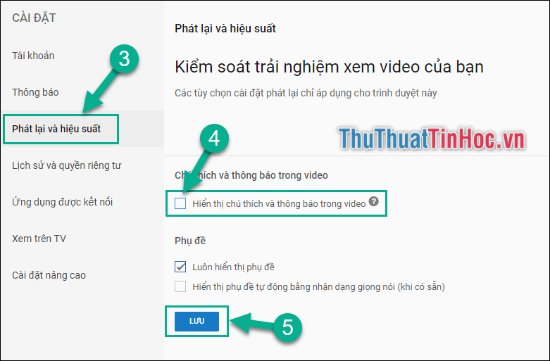 Bỏ chọn phần Hiển thị chú thích và thông báo trong video