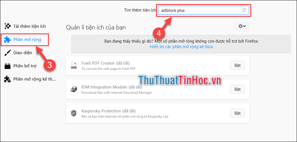 Chọn Phần mở rộng - Tìm kiếm Adblock Plus