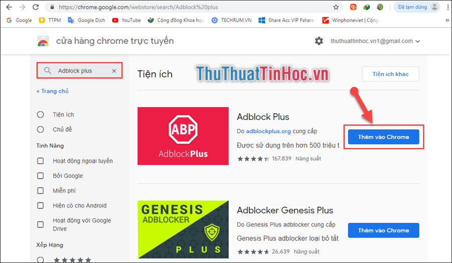 Tìm tiện tích Adblock Plus → ấn Thêm vào Chrome