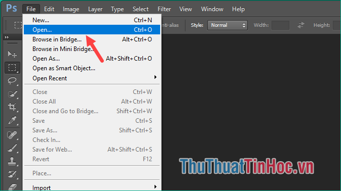 Chọn File - Open hoặc nhấn Ctrl + O sau đó chọn ảnh trong thư mục