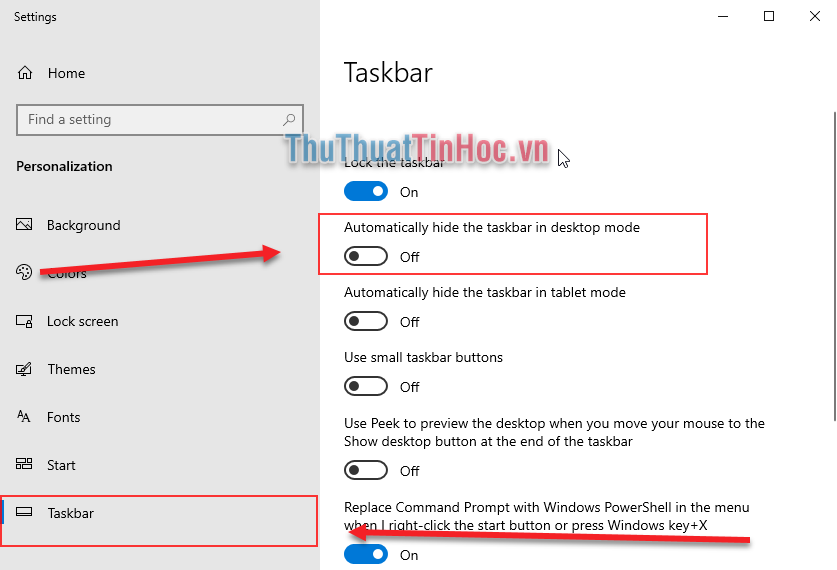Gạt lại công tắc sang OFF phần Automatically hide the taskbar in desktop mode