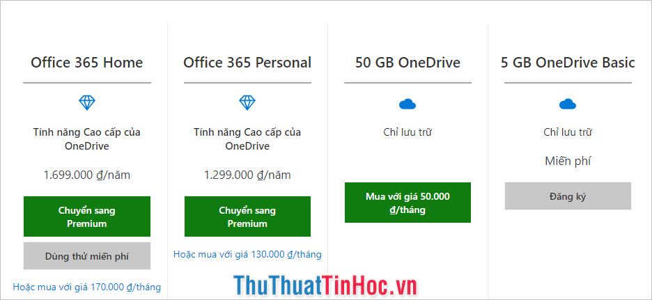 Mua các gói giá nâng cao khác nhau của OneDrive