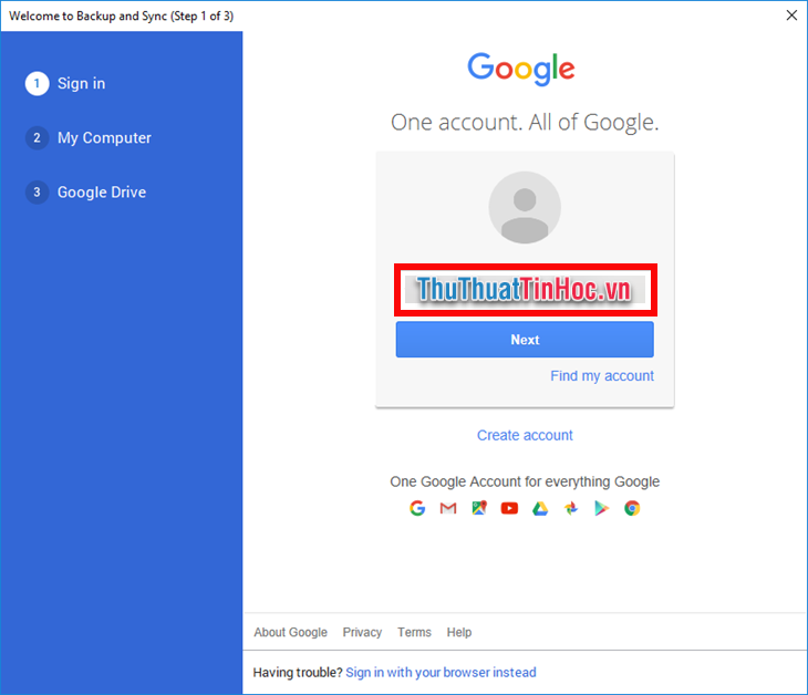 Đăng nhập vào tài khoản Google của mình tại bước Sign in