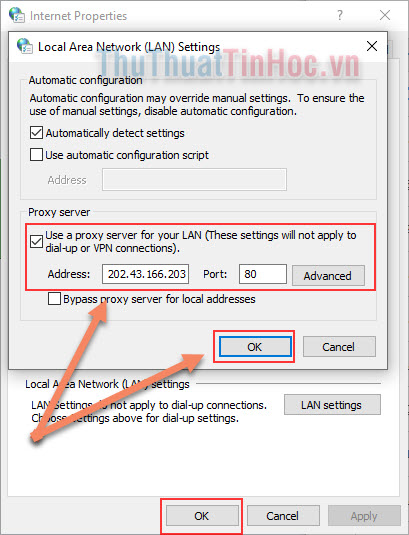 Bật phần Use a Proxy server for your LAN