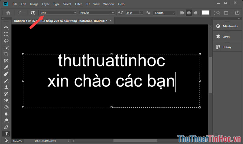 Mở Photoshop lên, chọn font chữ và thử gõ chữ tiếng Việt có dấu