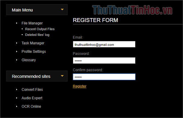 Nhập Gmail của mình và mật khẩu, sau đó nhấn Register