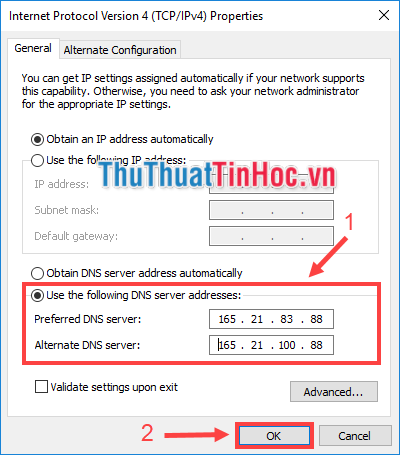 Chọn Use the following DNS server addresses