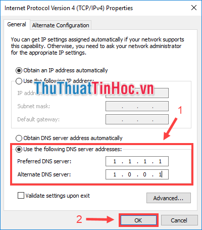 Chọn Use the following DNS server addresses