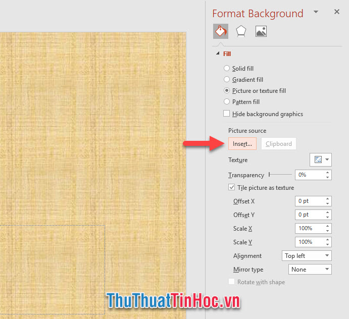 Bạn chọn Picture of texture fill trong danh sách tùy chọn sau đó bấm vào Insert