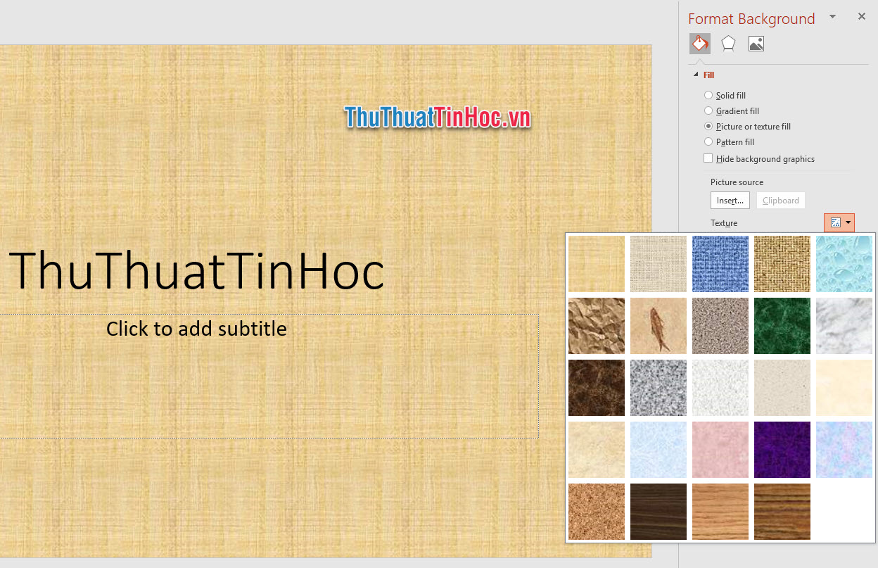 Với Picture or texture fill bạn có thể lựa chọn cho hình nền của mình những văn hoa có cài sẵn trong PowerPoint