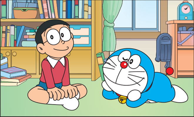 Hình ảnh Doraemon và Nobita ngồi trong phòng