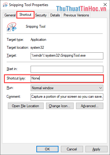 Chọn thẻ Shortcut và tìm tới mục Shortcut Key