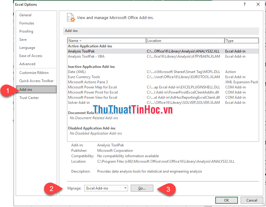 Chọn Excel Add-ins rồi nhấn Go