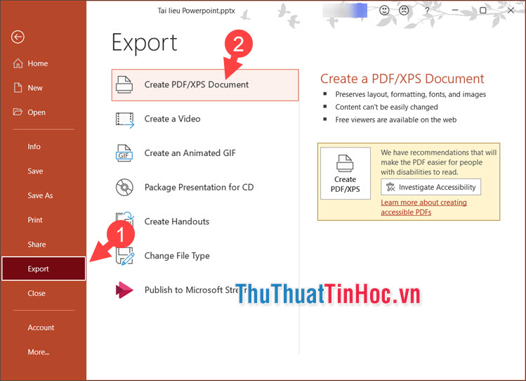 Chọn tạo tài liệu PDF, XPS