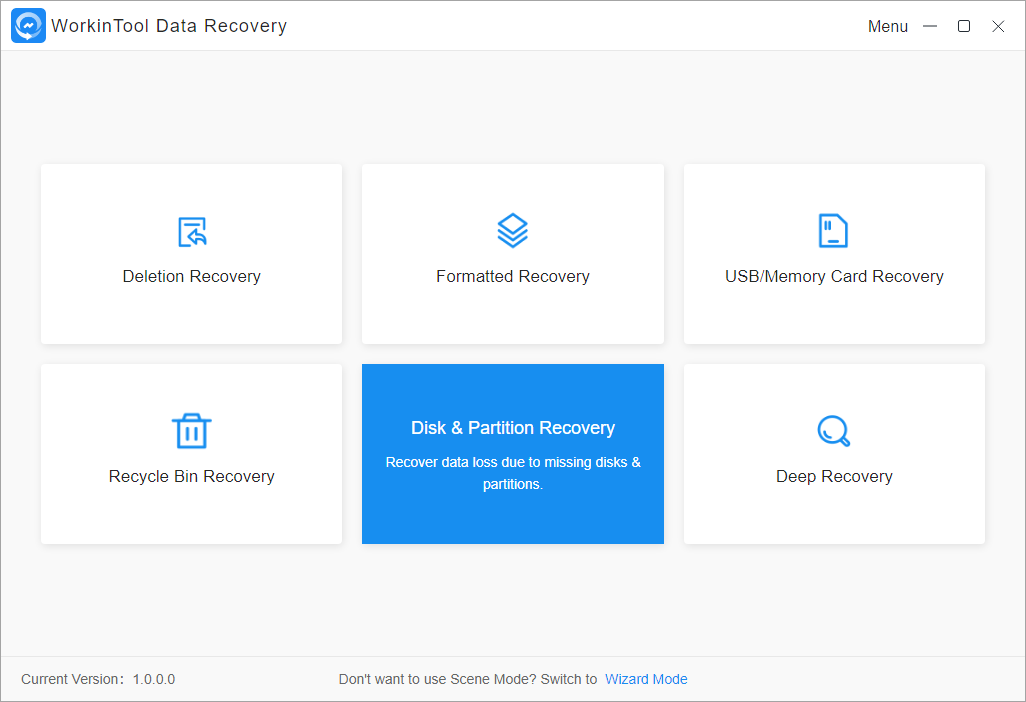 Mở công cụ WorkinTool Data Recovery và chọn Disk & Partition Recovery