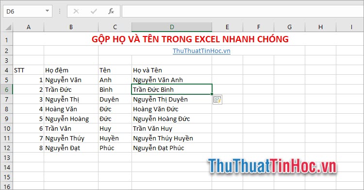 Bảng gộp hộ và tên trong Excel