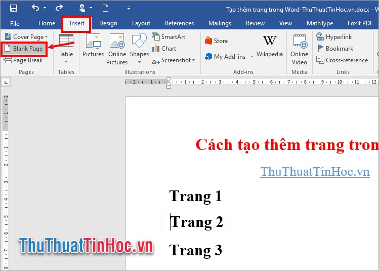 Chọn thẻ Insert → Blank Page trong phần Pages