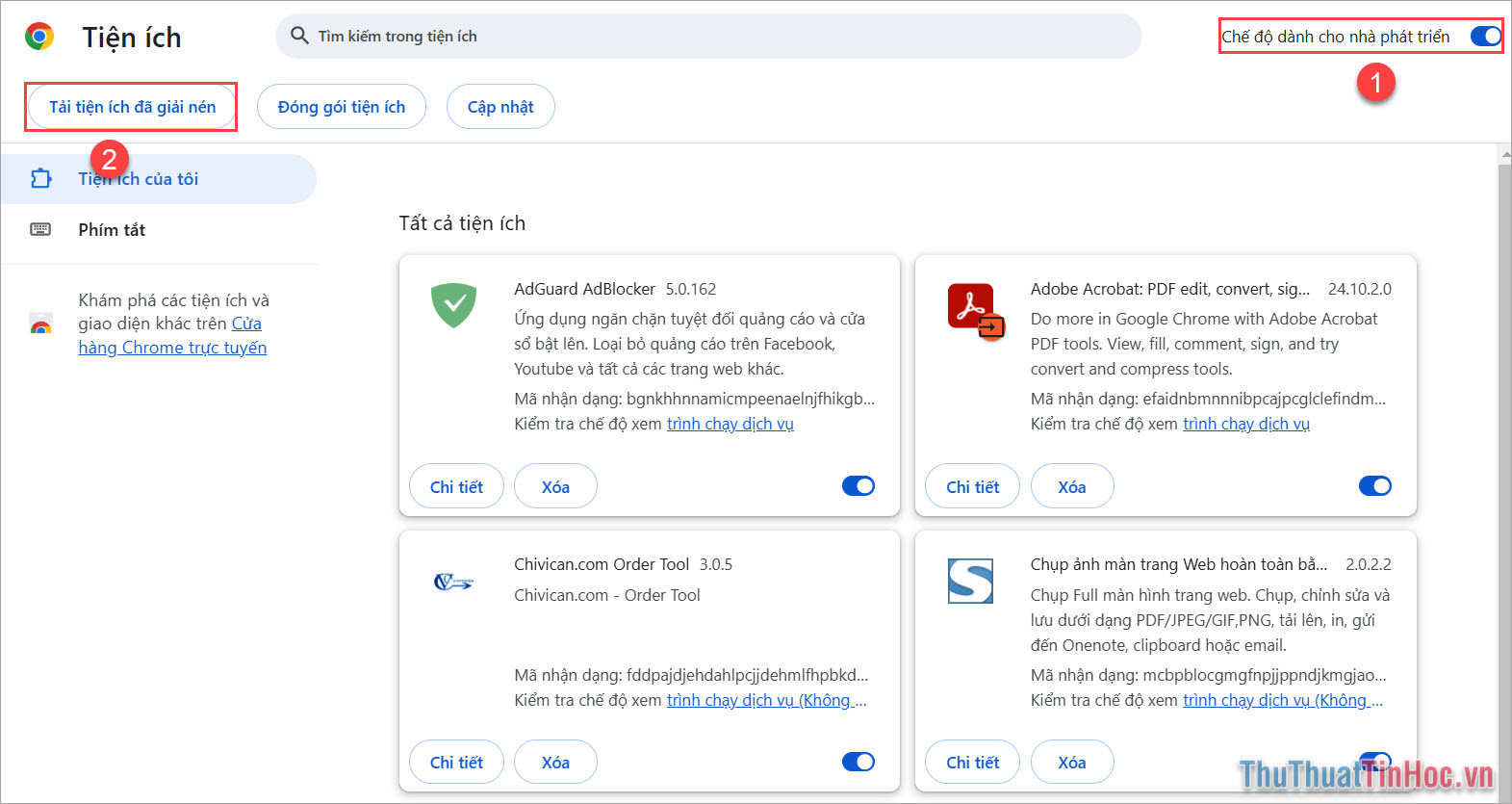 Chế độ dành cho nhà phát triển (1) → Tải tiện ích đã giải nén (2)
