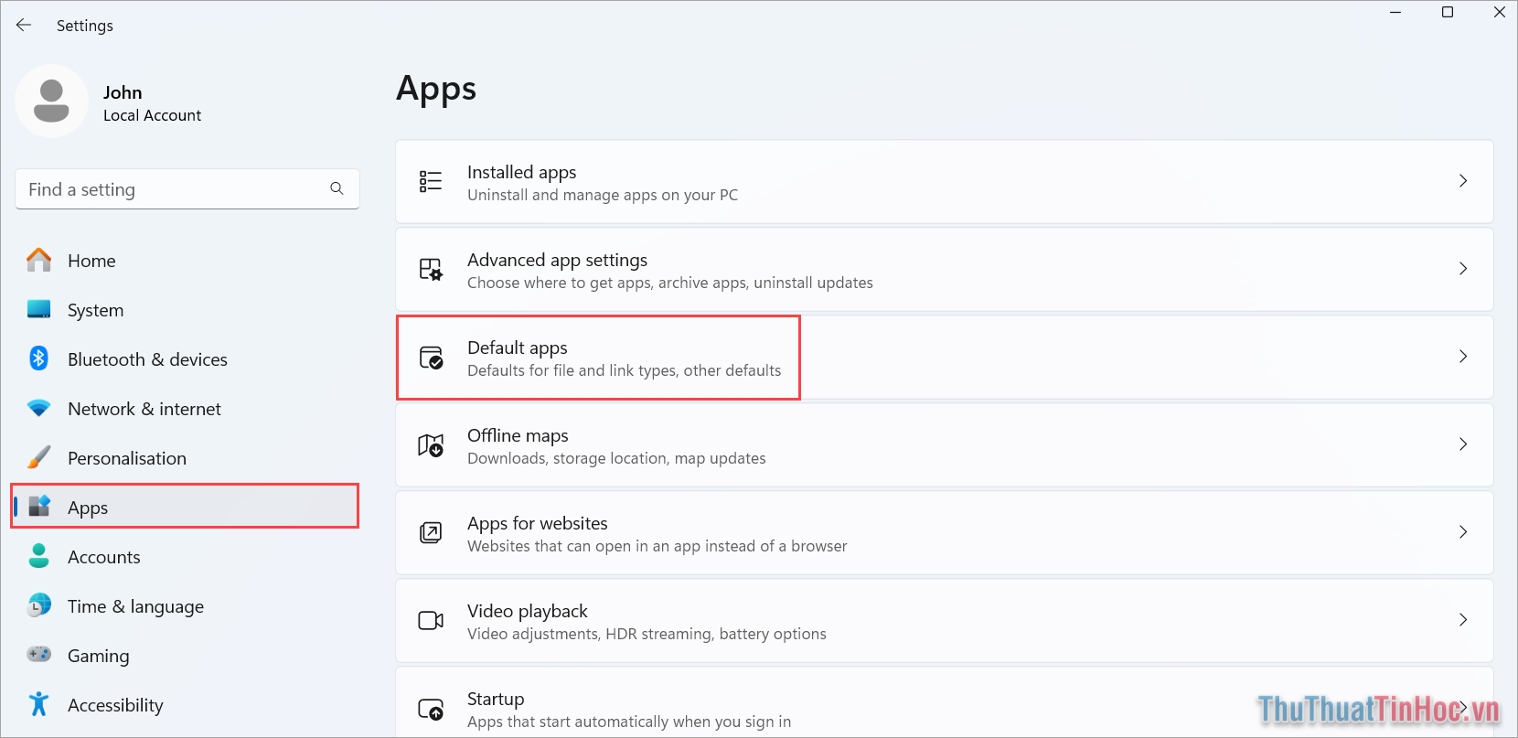 Chọn Apps và ấn Default Apps để mở danh sách phần mềm mặc định