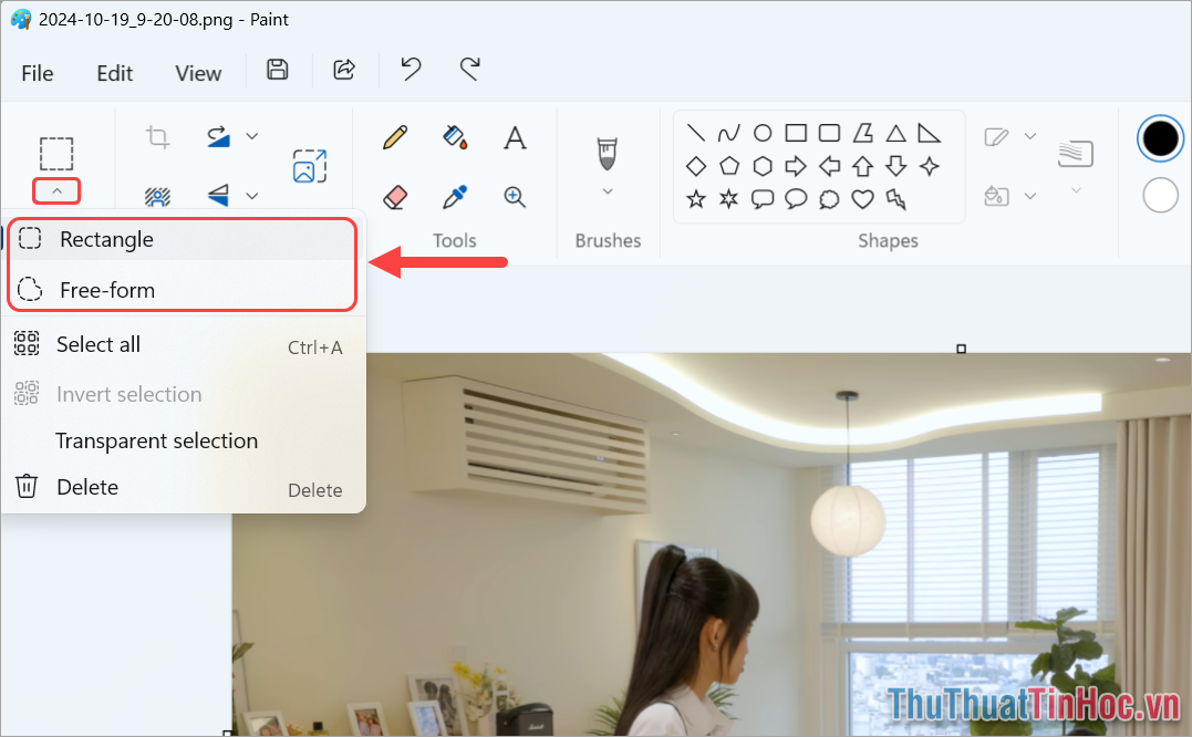 Chọn biểu tượng More Select → Free-form Rectangle để tạo vùng chọn