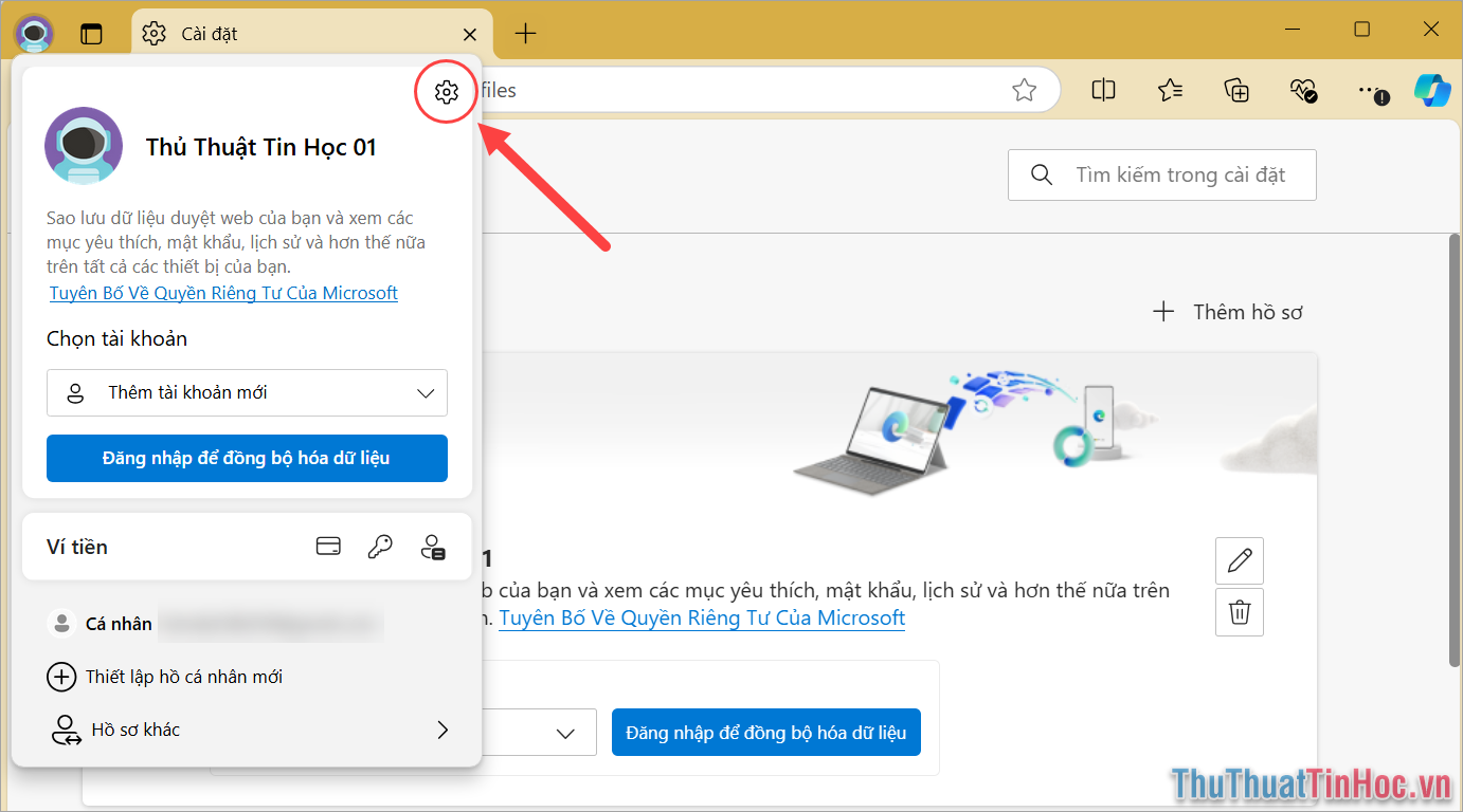 Chọn biểu tượng Profile trên trình duyệt Microsoft Edge và ấn Settings