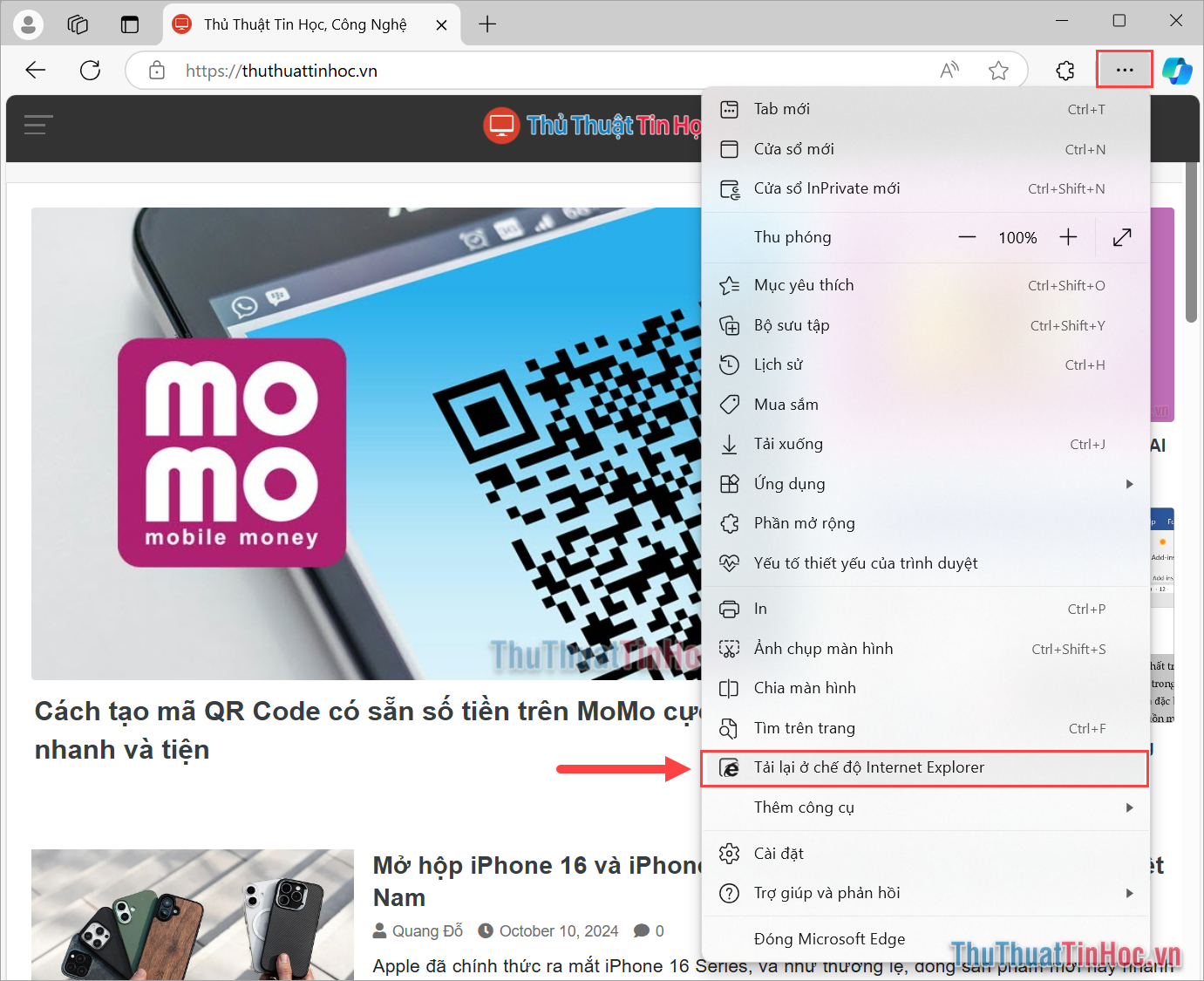 Chọn biểu tượng Tùy chọn → Tải lại ở chế độ Internet Explorer