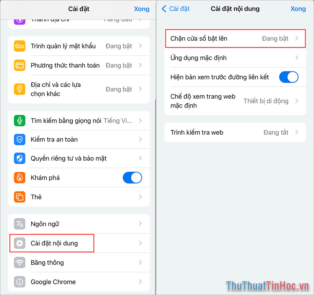 Chọn Cài đặt nội dụng → Chặn cửa sổ bật lên