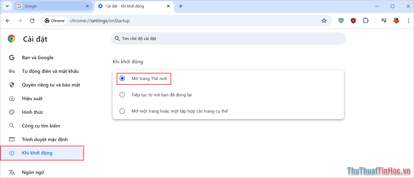 Chọn Khi khởi động và thiết lập thành Mở trang Thẻ mới