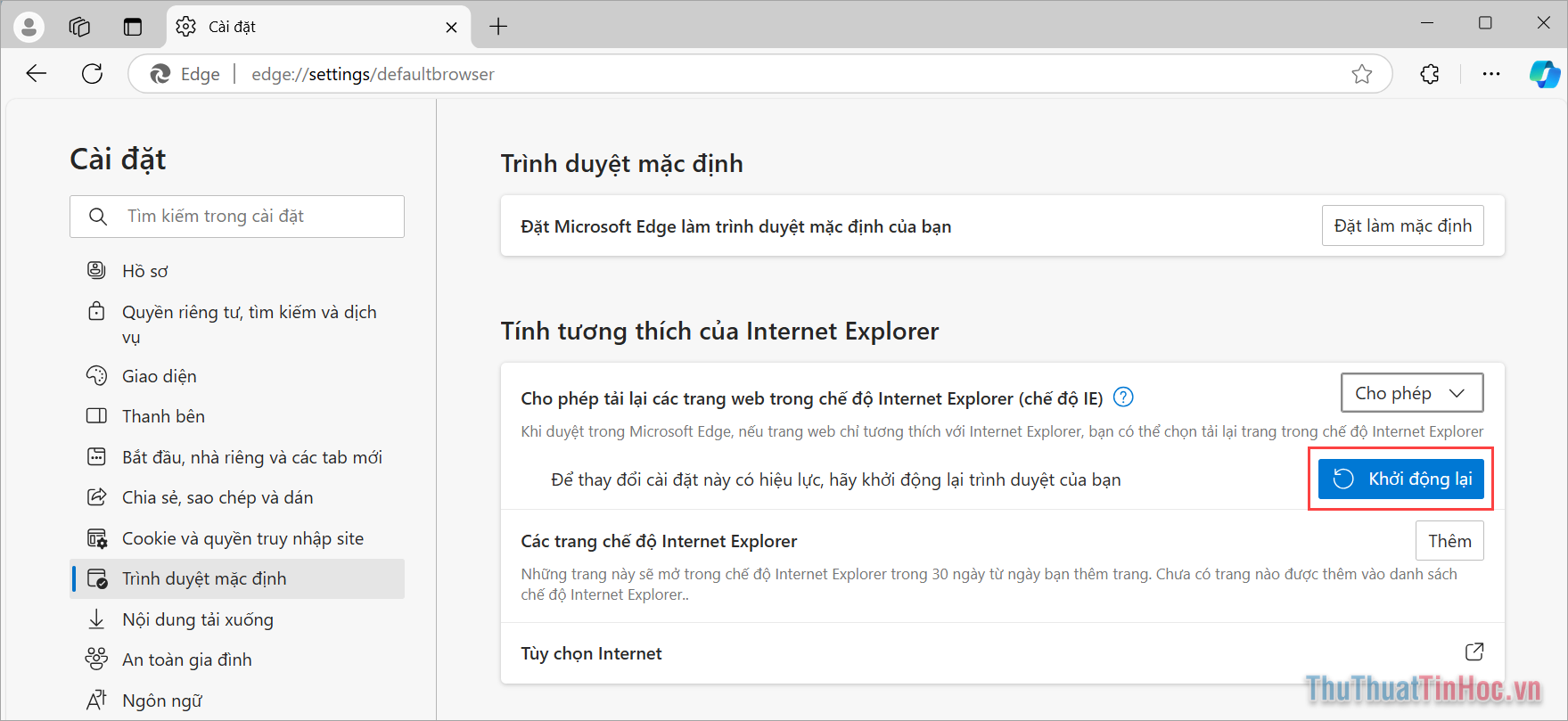 Chọn Khởi động lại để áp dụng những thay đổi mới