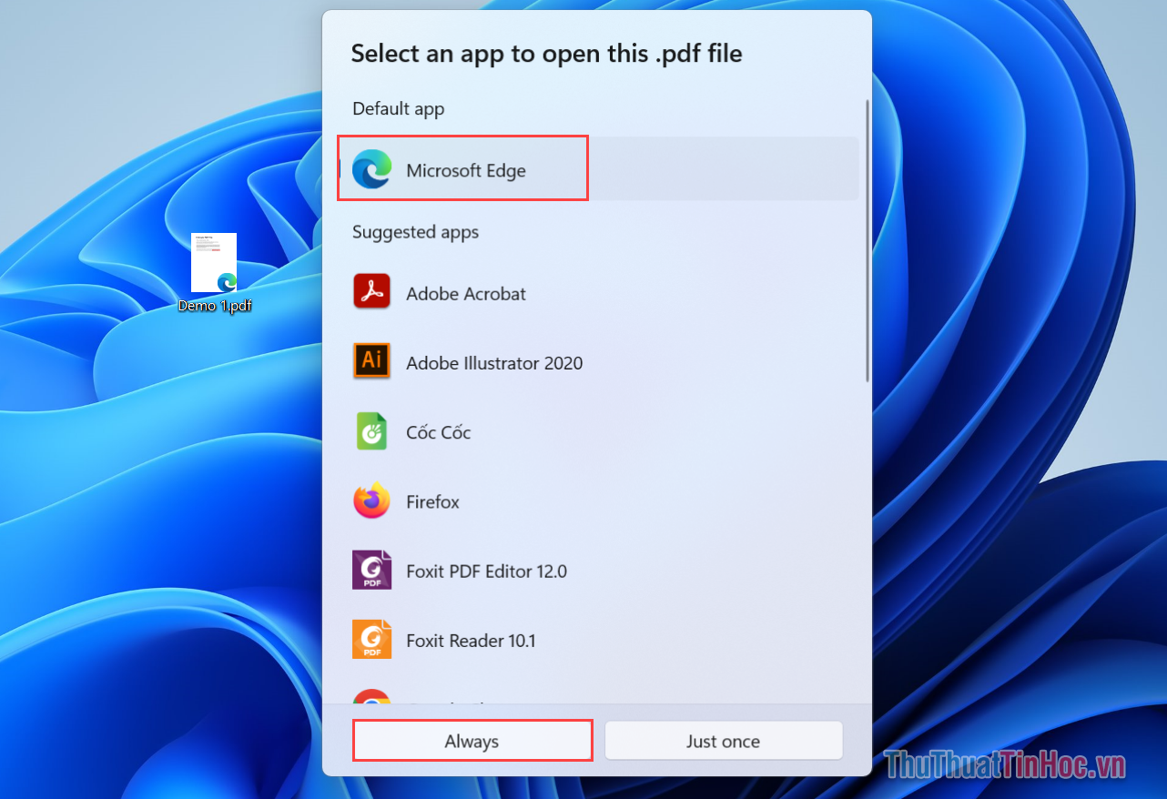 Chọn Microsoft Edge và chọn Always để mở
