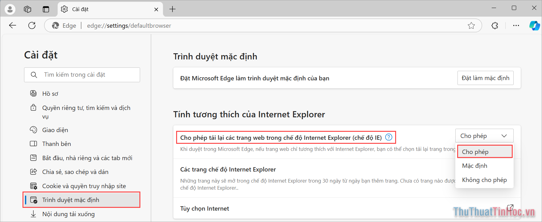 Chọn mục Trình duyệt mặc định → Cho phép tải lại các trang → Cho phép
