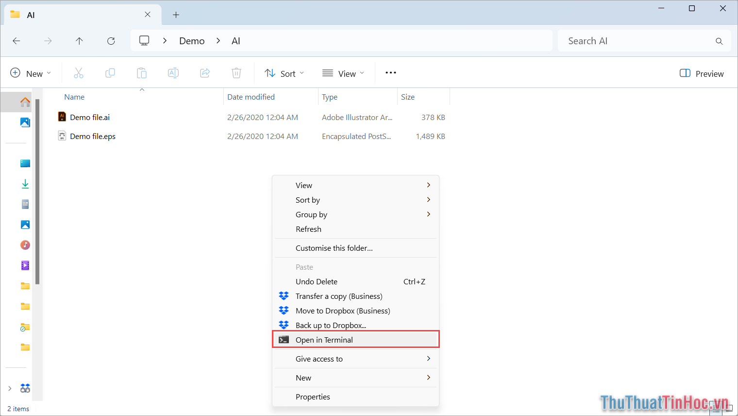 Chọn Open in Terminal để mở PowerShell tại thư mục đang mở