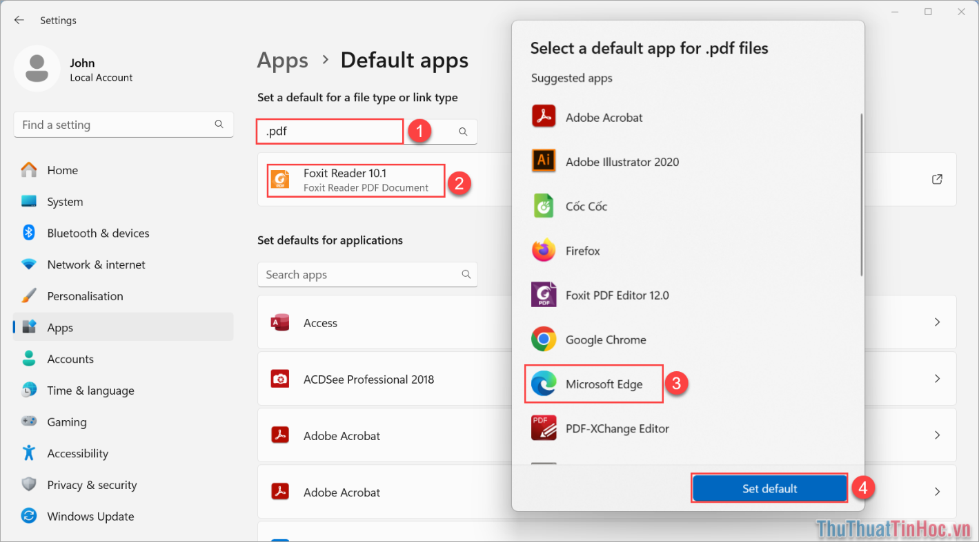 Chọn Phần mềm mặc định (2) → Microsoft Edge (3) → Set Default (4)