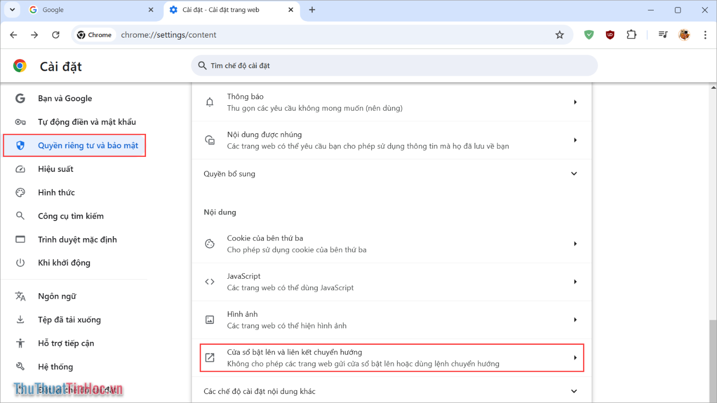 Chọn Quyền riêng tư và Bảo mật → Cửa sổ bật lên và liên kết chuyển hướng
