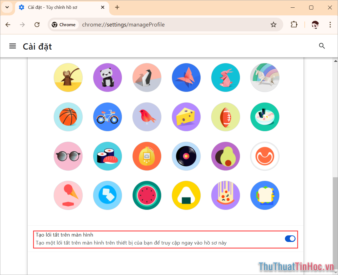 Chọn Tạo lối tắt để tạo Shortcut Chrome mở hồ sơ tài khoản