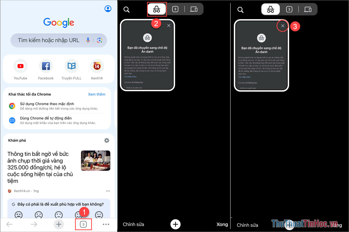 Chọn Thẻ Tab (1) trên thanh công cụ và ấn Chế độ ẩn danh (2)