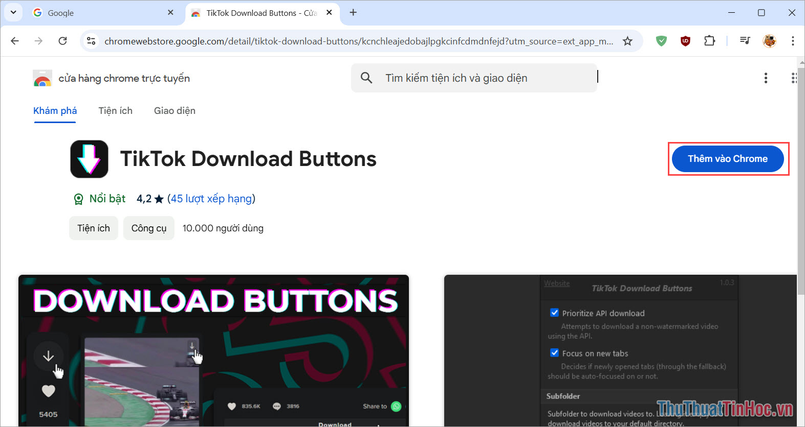 Chọn Thêm vào Chrome để cài đặt tiện ích mở rộng trên trình duyệt