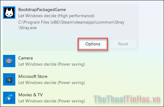 Chọn ứng dụng bạn muốn thay đổi cài đặt và nhấn Options